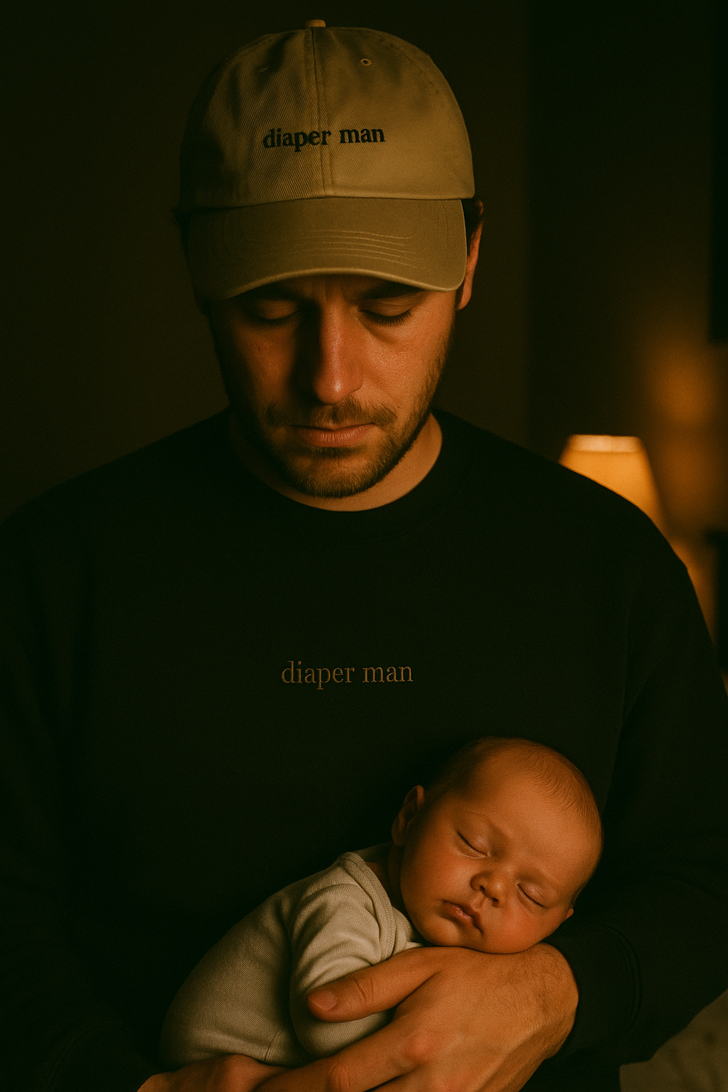 Diaper Man full look — black crewneck and khaki dad hat together