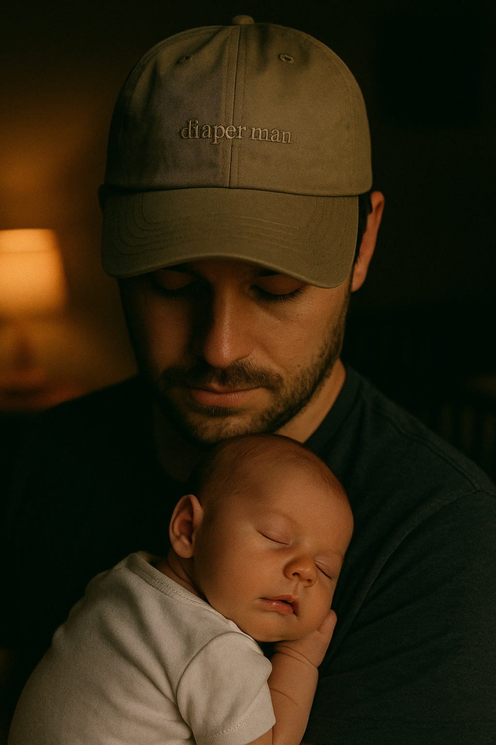 Diaper Man dad hat — new dad wearing khaki hat at 2AM