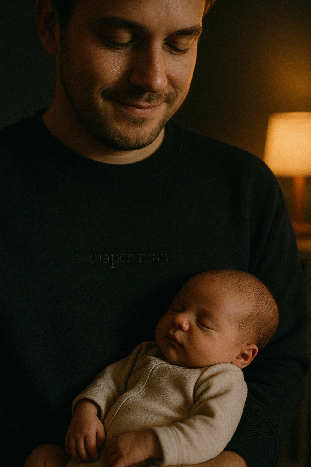 Diaper Man — dad holding sleeping newborn at 2AM