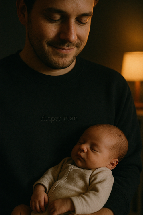 Diaper Man — dad holding sleeping newborn at 2AM