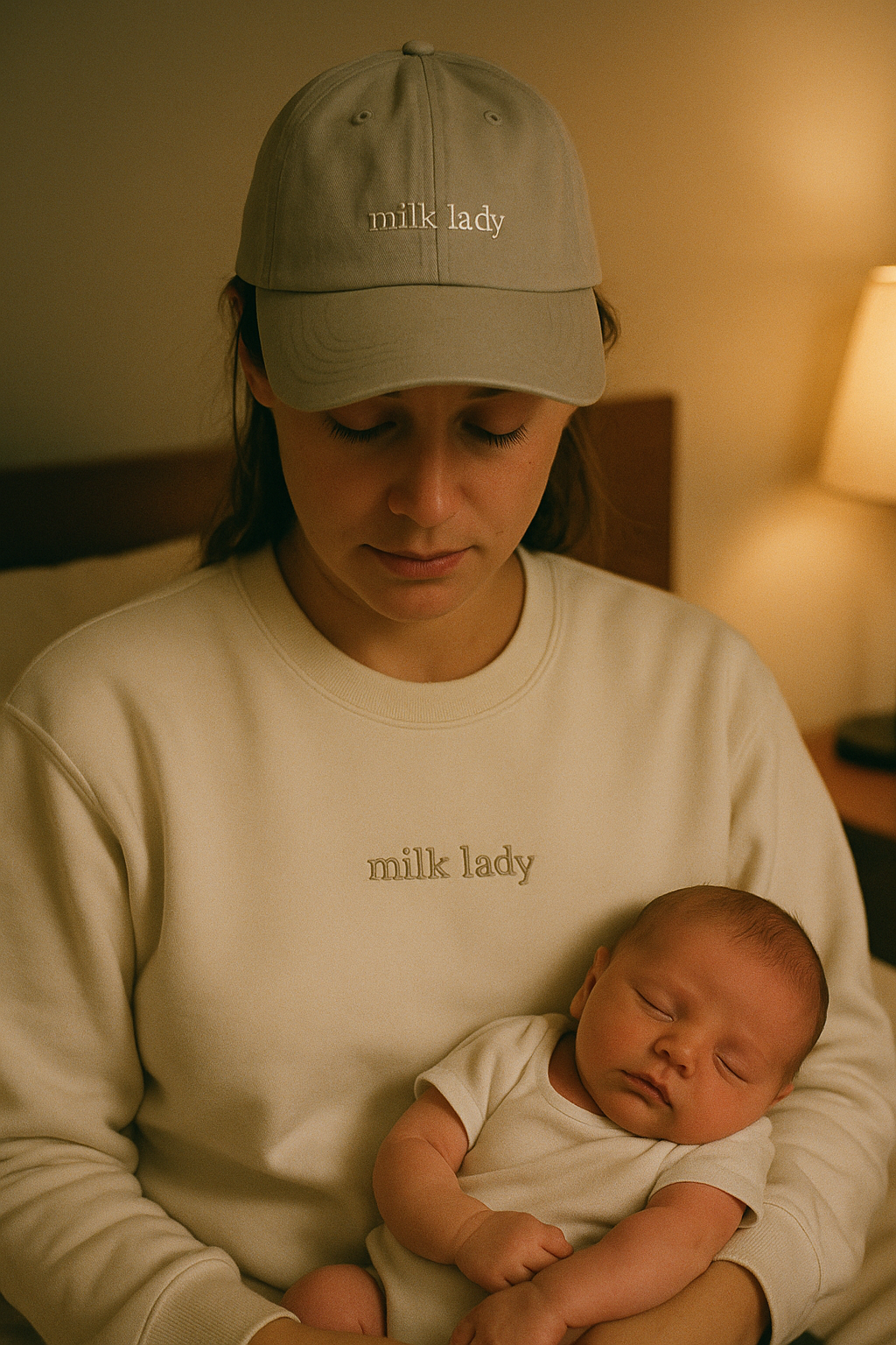 Milk Lady full look — ivory crewneck and stone dad hat together