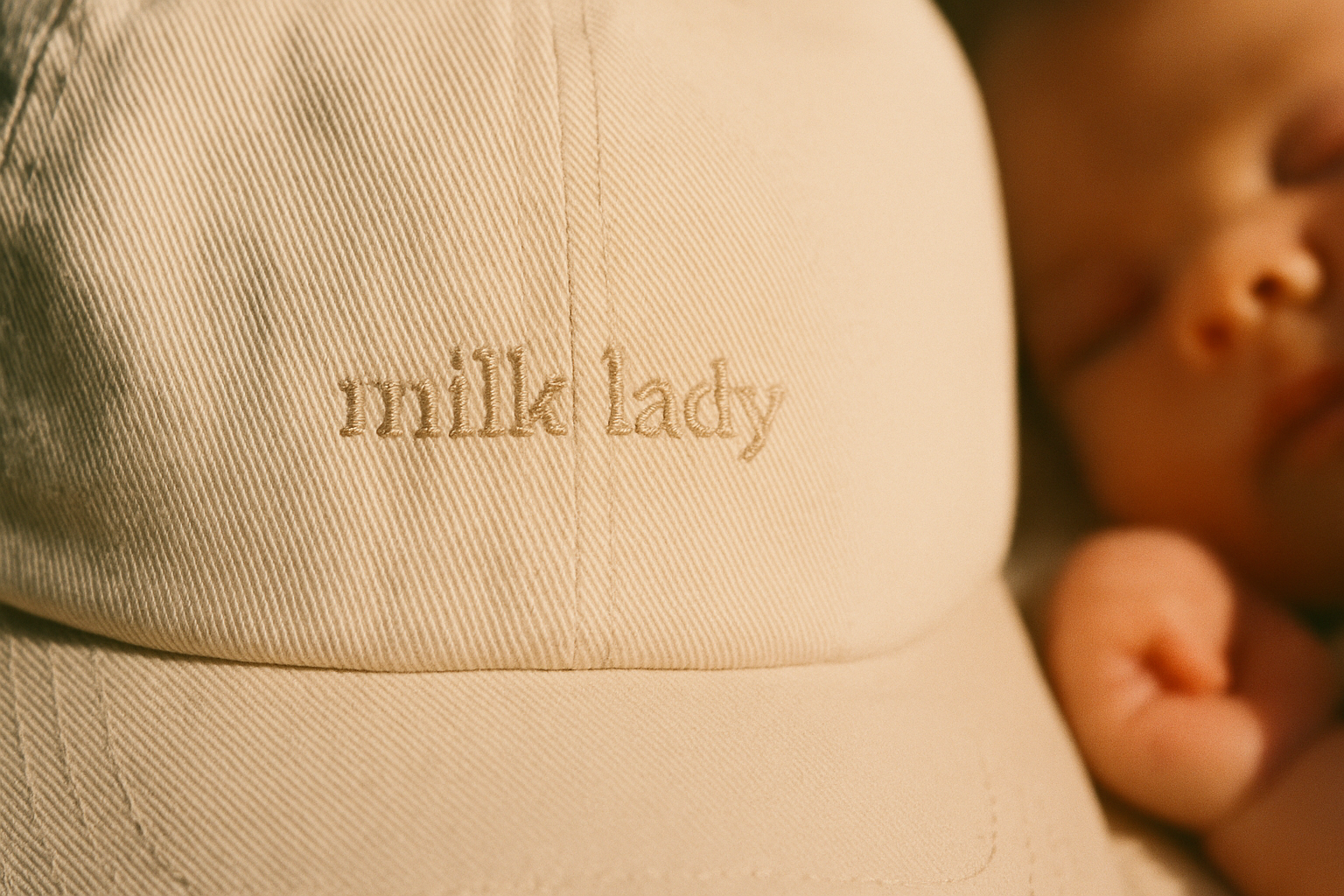 Milk Lady hat — tonal embroidery detail on stone dad hat