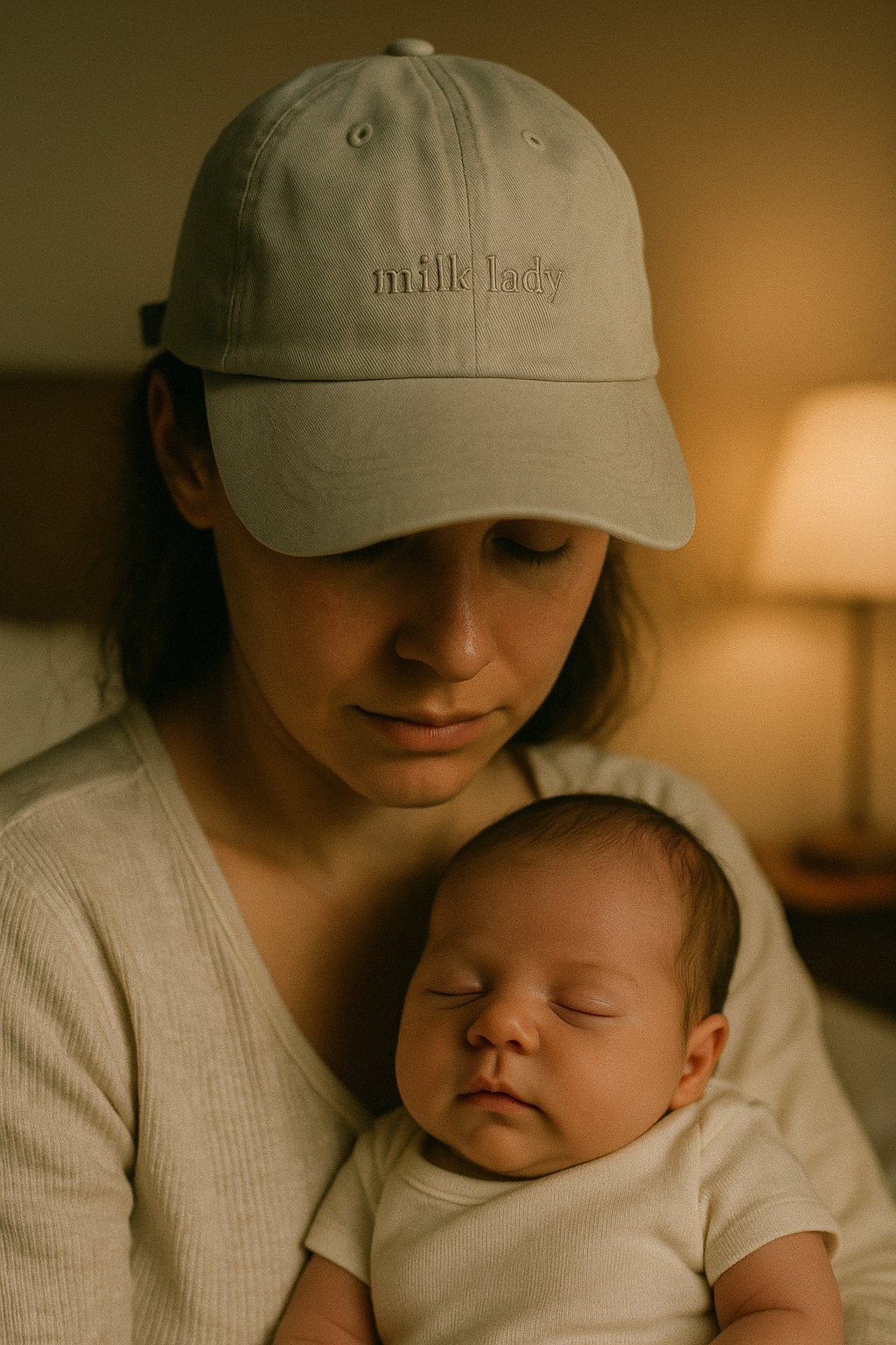 Milk Lady hat — new mom wearing stone hat at 2AM